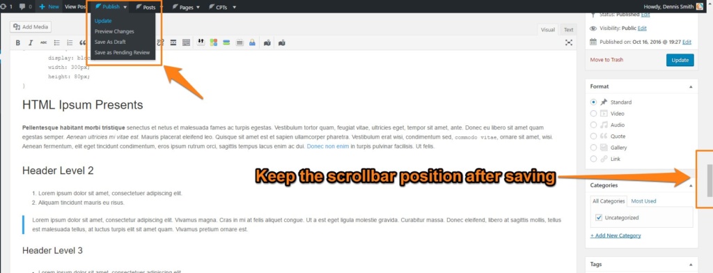 Orange arrows pointing to publishing drop down and scroll bar position